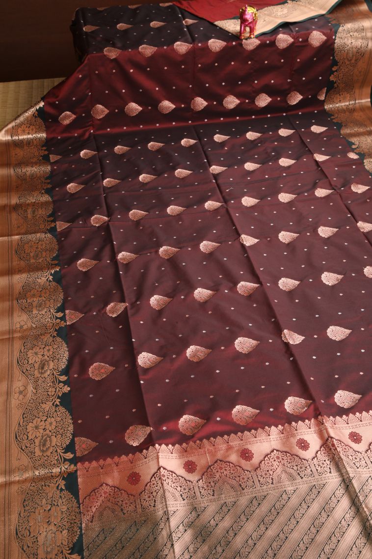 Lipstick Red Apoorva Silk Sarees with Copper Zari Floral Puttas view 2