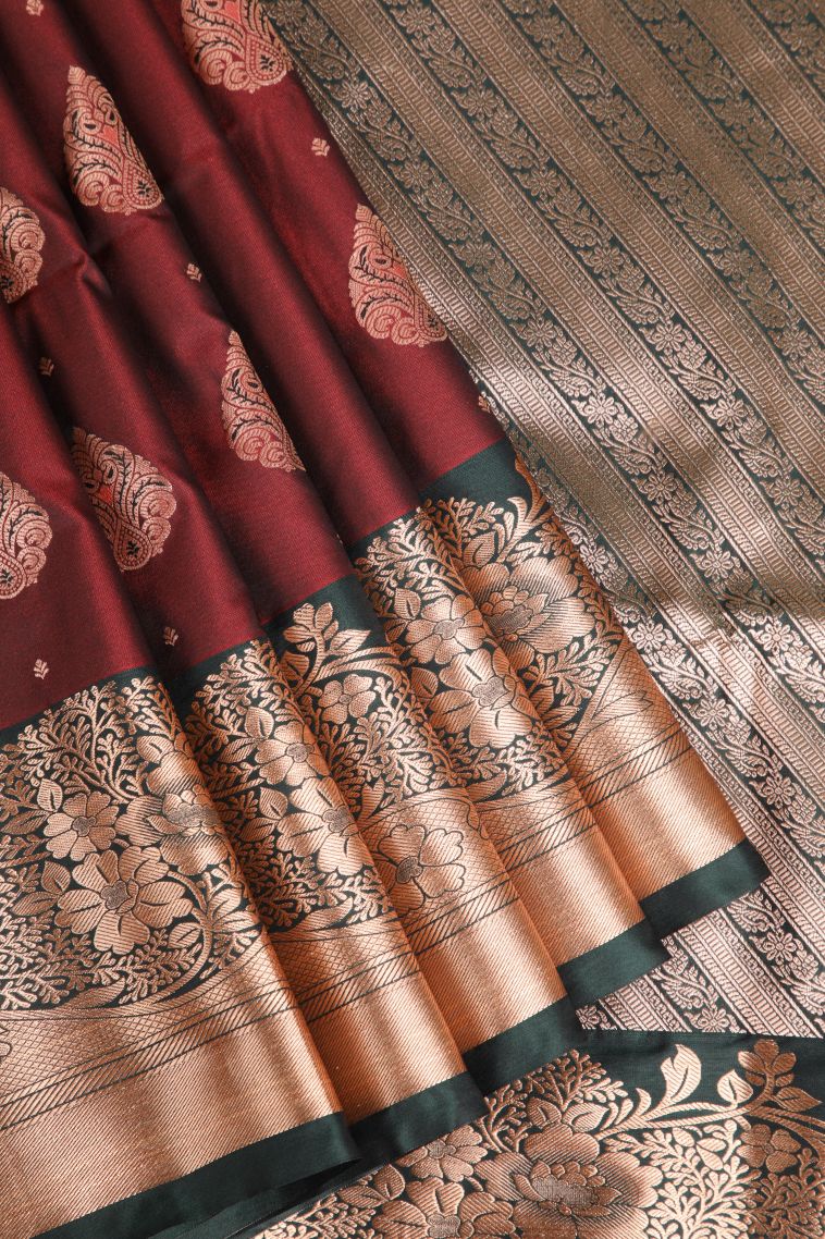 Lipstick Red Apoorva Silk Sarees with Copper Zari Floral Puttas view 1