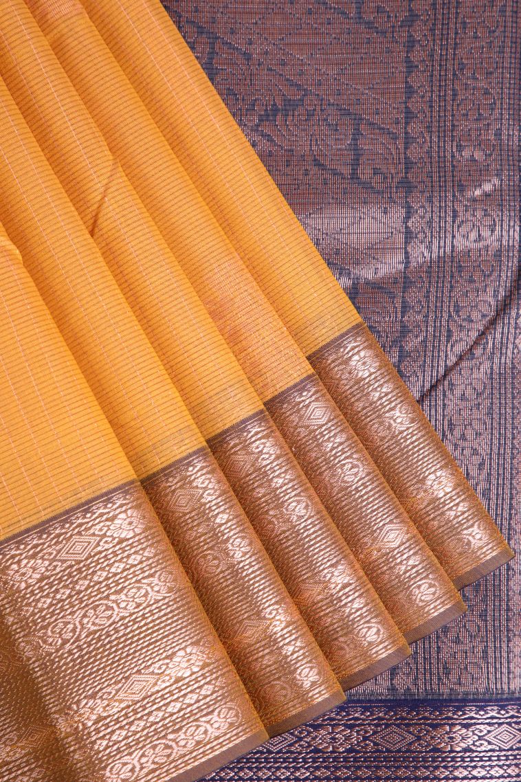 Merigold Orange Silk Cotton Sarees with Copper Zari Floral Patterns view 1