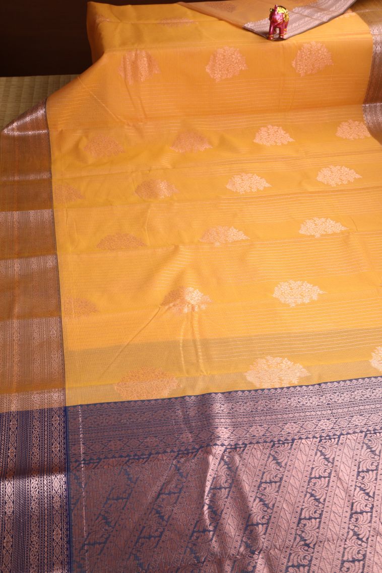 Merigold Orange Silk Cotton Sarees with Copper Zari Floral Patterns view 2