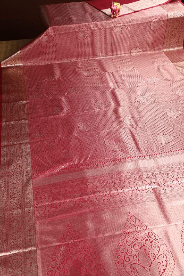 Crimson Red Apoorva Silk Sarees Silver Zari with Leaf Puttas view 2