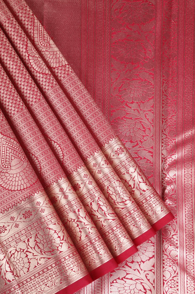 Crimson Red Apoorva Silk Sarees Silver Zari with Leaf Puttas