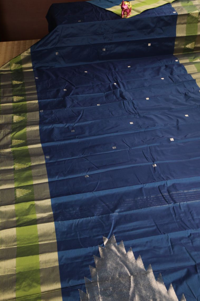Aegean Blue Arani Silk Sarees Silver Zari with Geometric Shapes view 2
