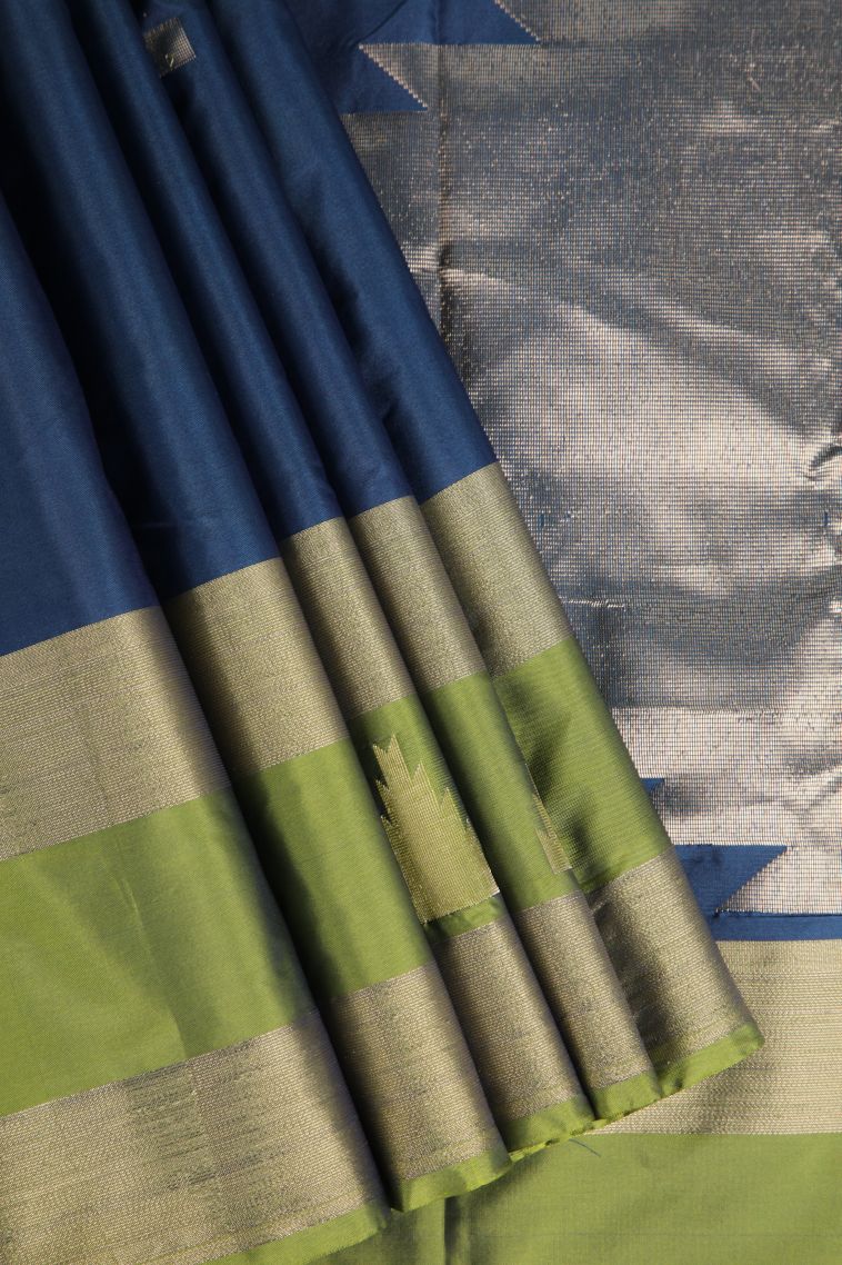 Aegean Blue Arani Silk Sarees Silver Zari with Geometric Shapes view 1