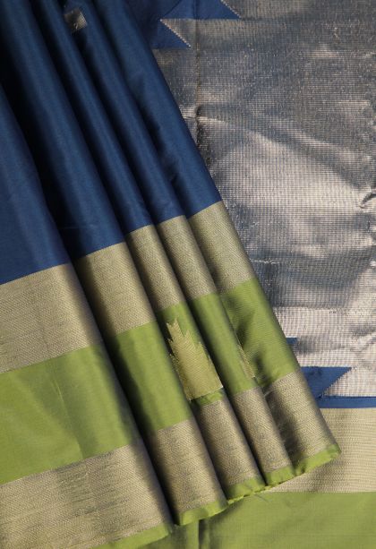 Aegean Blue Arani Silk Sarees Silver Zari with Geometric Shapes
