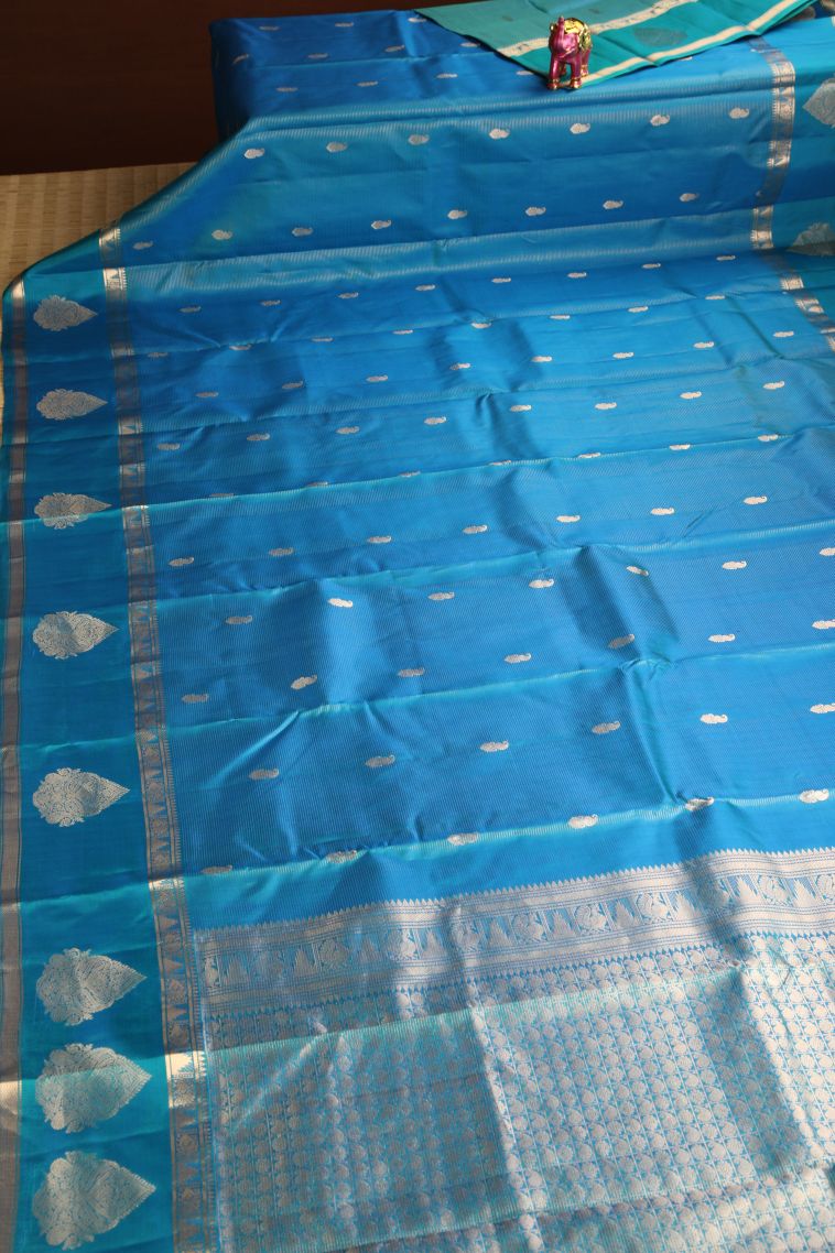 Cerulean Blue Soft Silk Saree with Gold Zari Mango Puttas view 2
