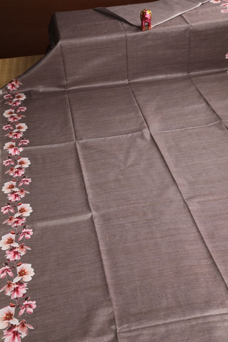 Caramel Brown Jute Sarees with Silver Zari Plain view 2