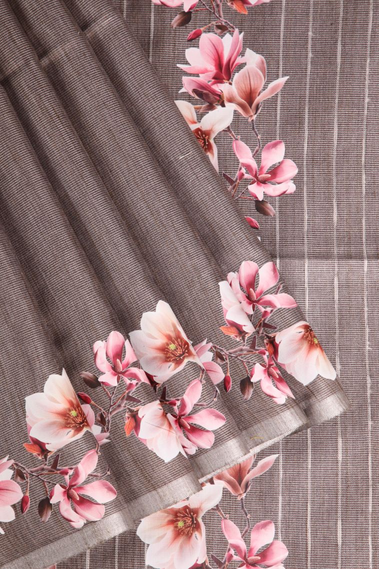 Caramel Brown Jute Sarees with Silver Zari Plain view 1