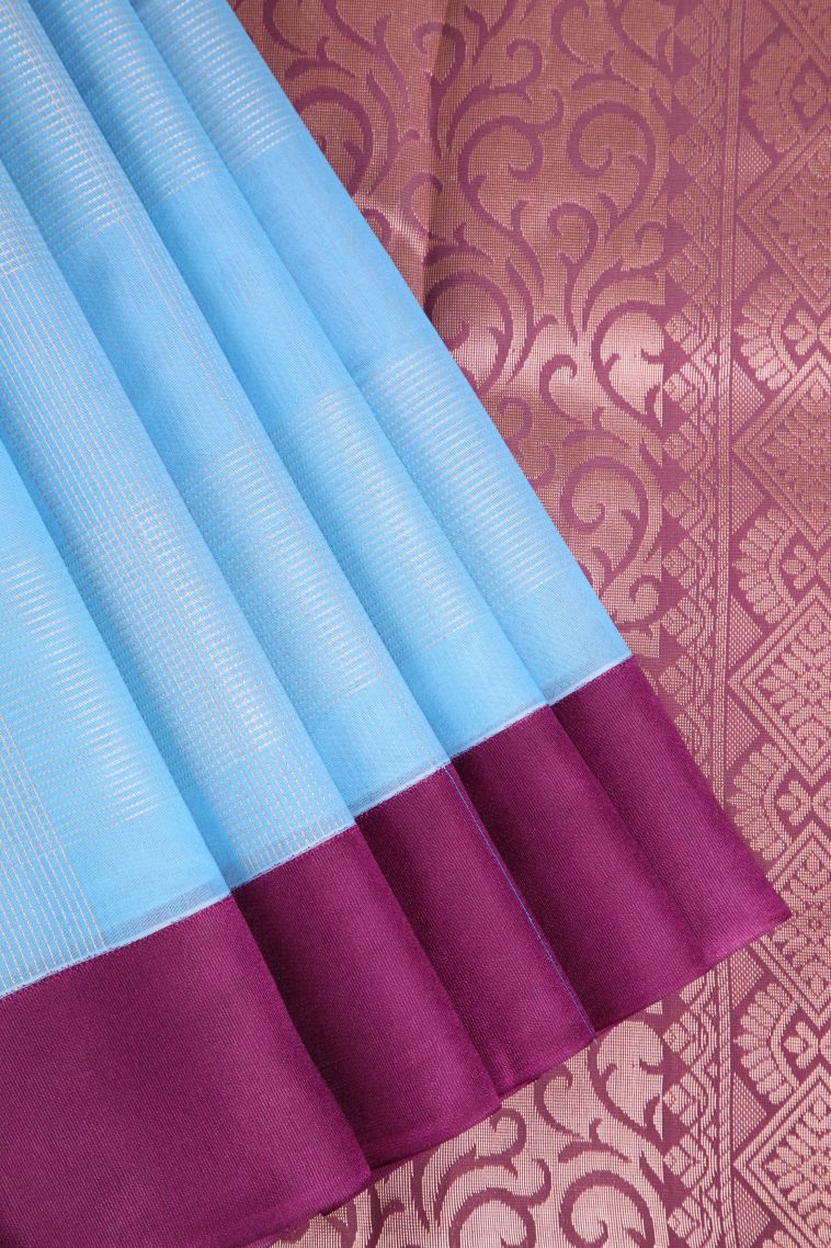 Cerulean Blue Silk Cotton Sarees with Copper Zari Buttis (small Dots Or Motifs)
