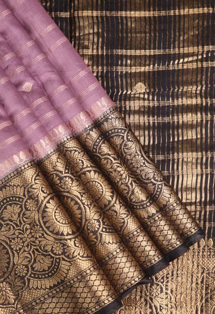 Blush Pink Chanderi Cotton Sarees Antic Zari with Cross Straipes