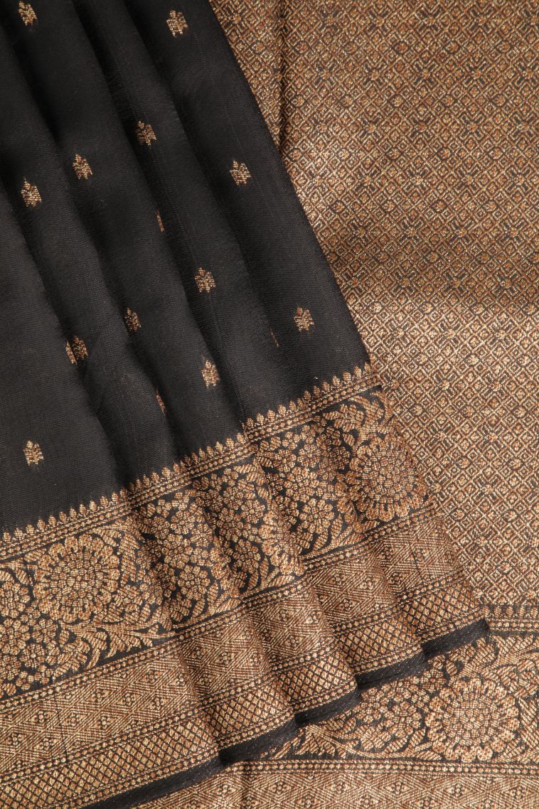 Asphalt Black Banaras Sarees Antic Zari with Floral Puttas view 1