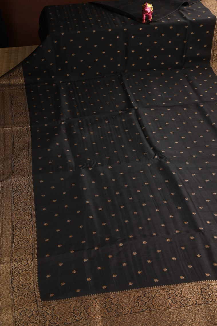 Asphalt Black Banaras Sarees Antic Zari with Floral Puttas view 2