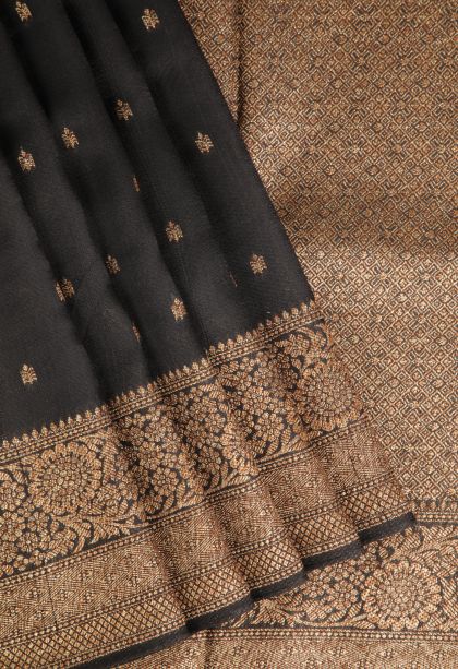 Asphalt Black Banaras Sarees Antic Zari with Floral Puttas