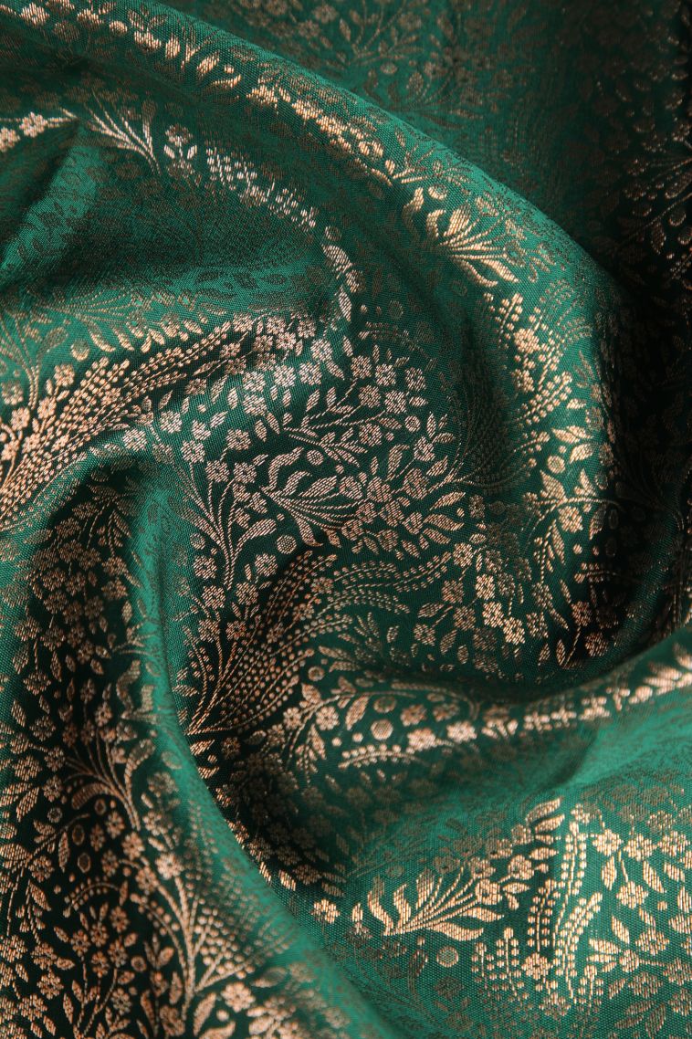 Basil Green Kanchipuram Silk Sarees with Copper Zari Floral Patterns view 4