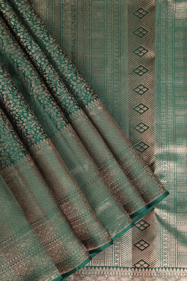 Basil Green Kanchipuram Silk Sarees with Copper Zari Floral Patterns view 1