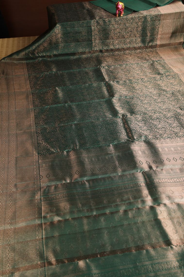 Basil Green Kanchipuram Silk Sarees with Copper Zari Floral Patterns view 2