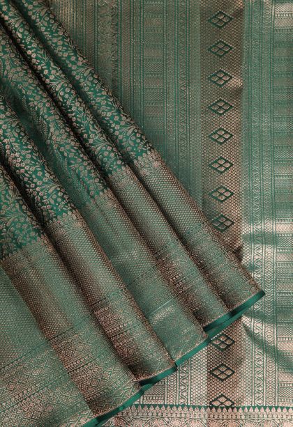 Basil Green Kanchipuram Silk Sarees with Copper Zari Floral Patterns