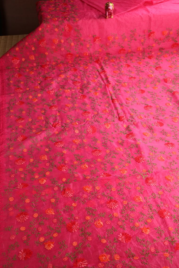 Punch Pink Manipuri Cotton Sarees Without Zari with Floral Puttas view 2