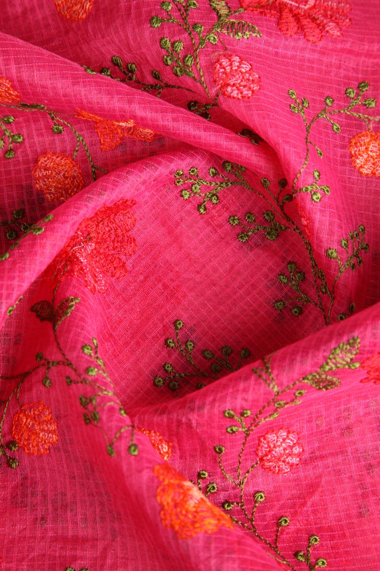 Punch Pink Manipuri Cotton Sarees Without Zari with Floral Puttas view 4