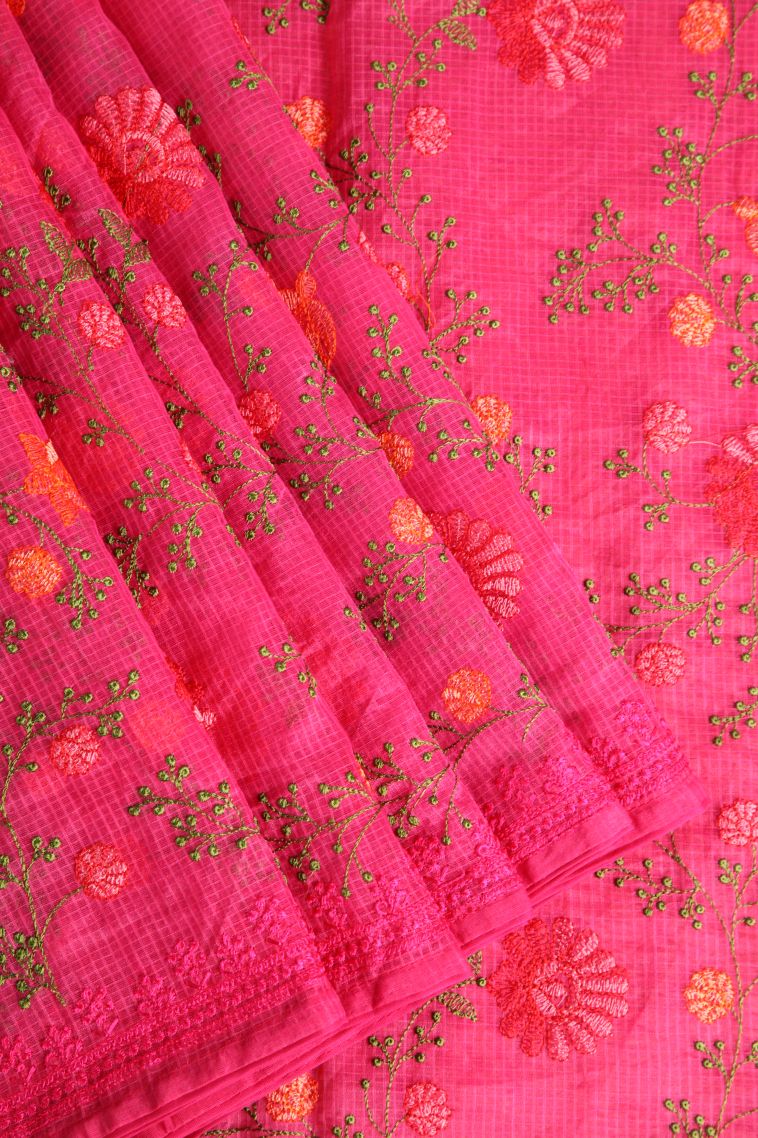 Punch Pink Manipuri Cotton Sarees Without Zari with Floral Puttas view 1