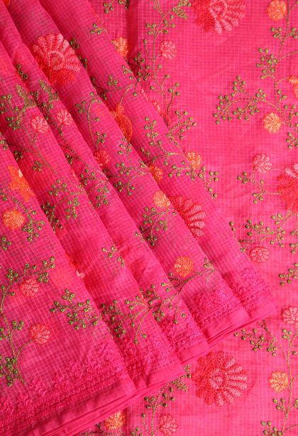 Punch Pink Manipuri Cotton Sarees Without Zari with Floral Puttas