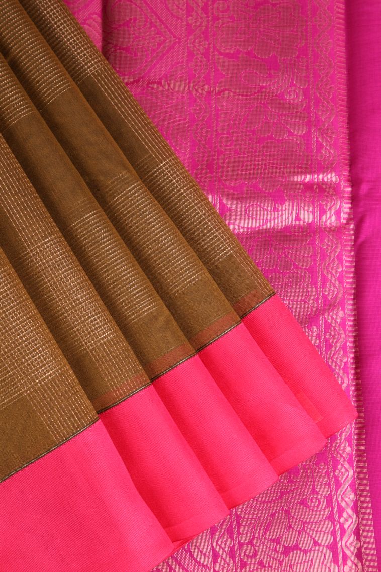 Peanut Brown Silk Cotton Sarees with Copper Zari Buttis (small Dots Or Motifs)