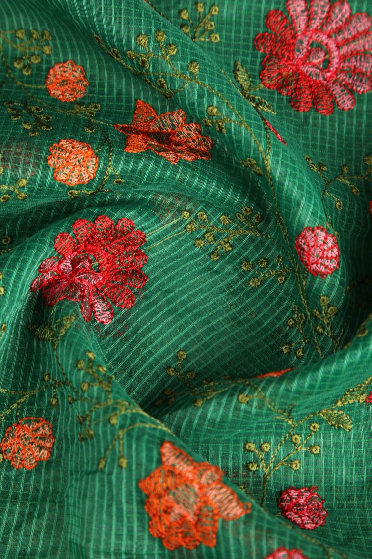 Basil Green Manipuri Cotton Sarees Without Zari with Floral Patterns view 4