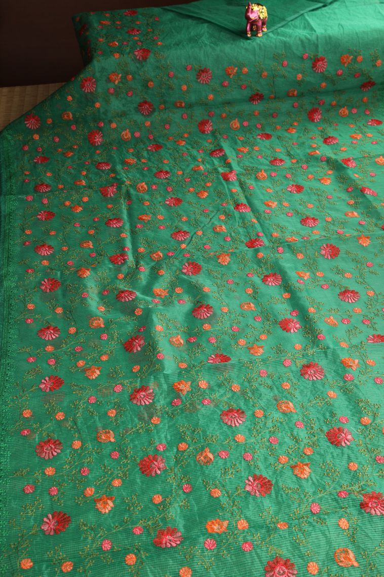 Basil Green Manipuri Cotton Sarees Without Zari with Floral Patterns view 2