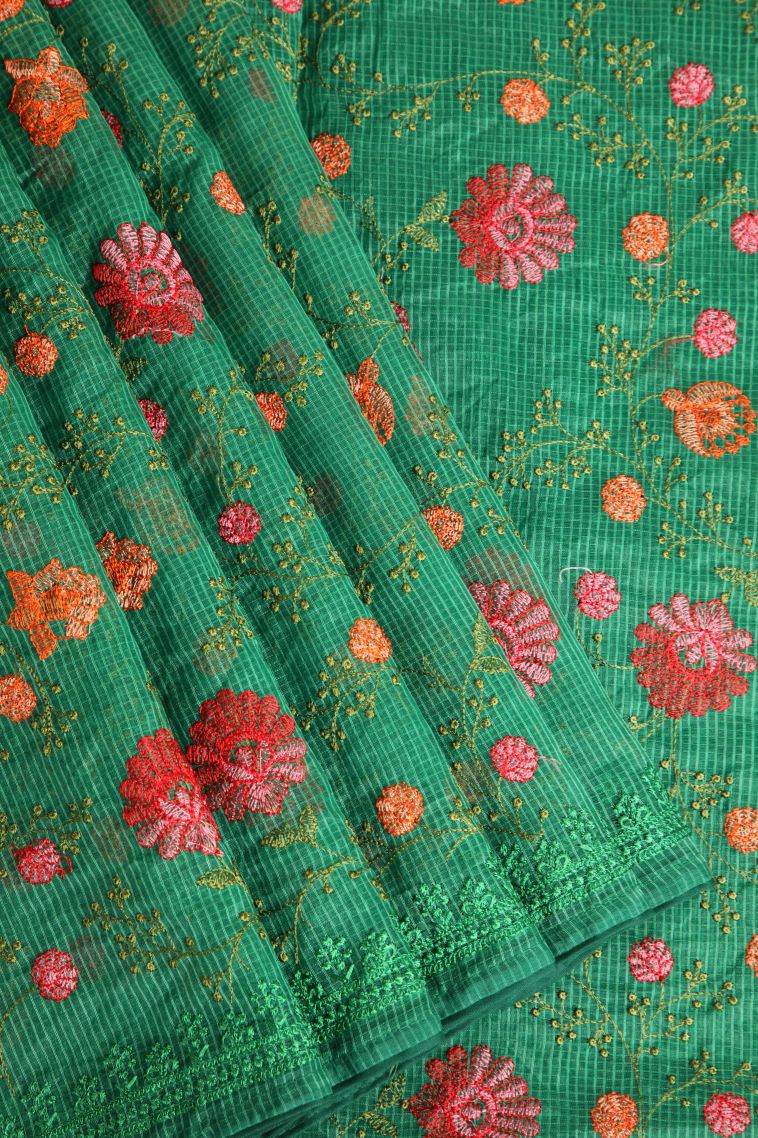 Basil Green Manipuri Cotton Sarees Without Zari with Floral Patterns view 1
