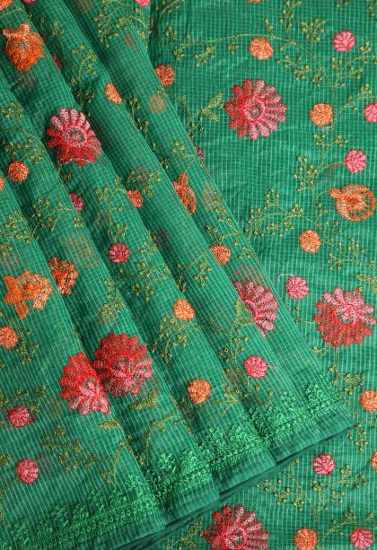 Basil Green Manipuri Cotton Sarees Without Zari with Floral Patterns