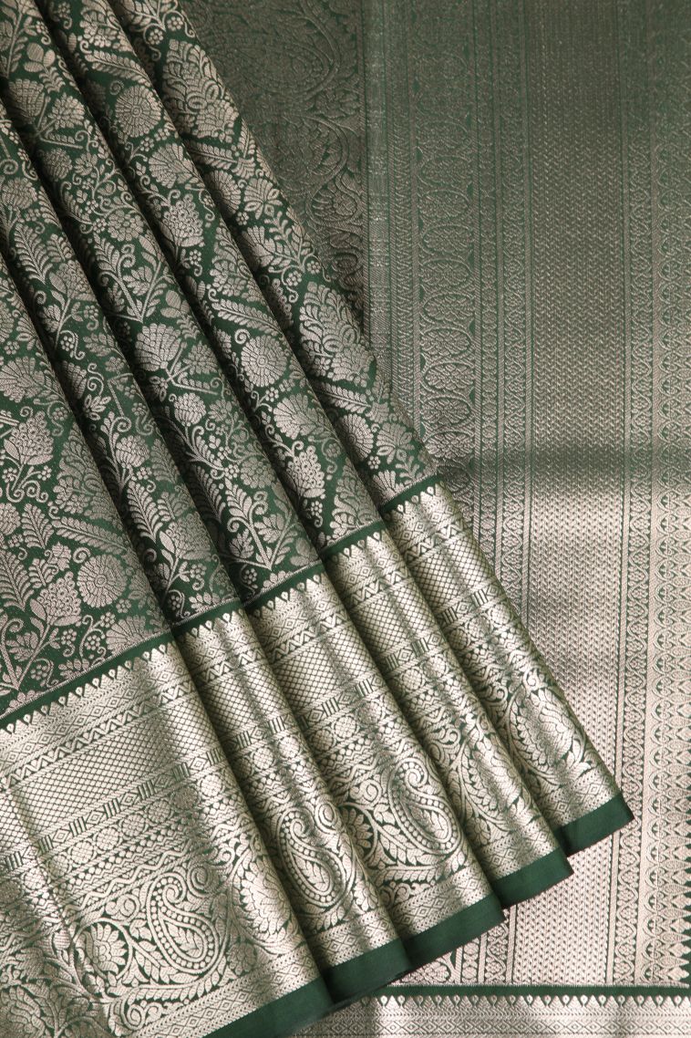 Pine Green Apoorva Silk Sarees Silver Zari with Floral Patterns view 1