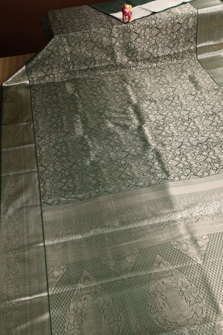 Pine Green Apoorva Silk Sarees Silver Zari with Floral Patterns view 2