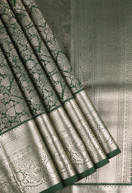 Pine Green Apoorva Silk Sarees Silver Zari with Floral Patterns