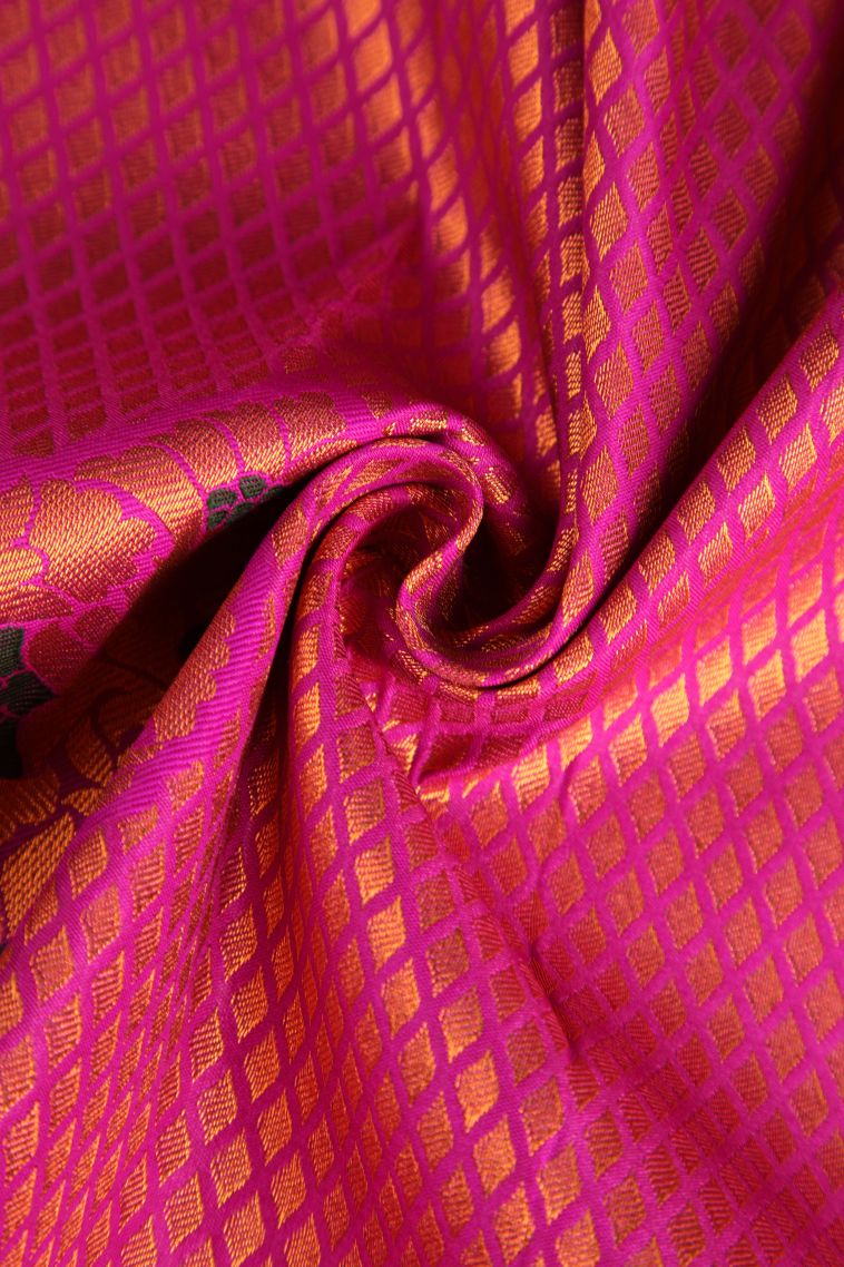 Hot Pink Visiri Madippu Silk Sarees with Copper Zari Leaf Pattern view 4