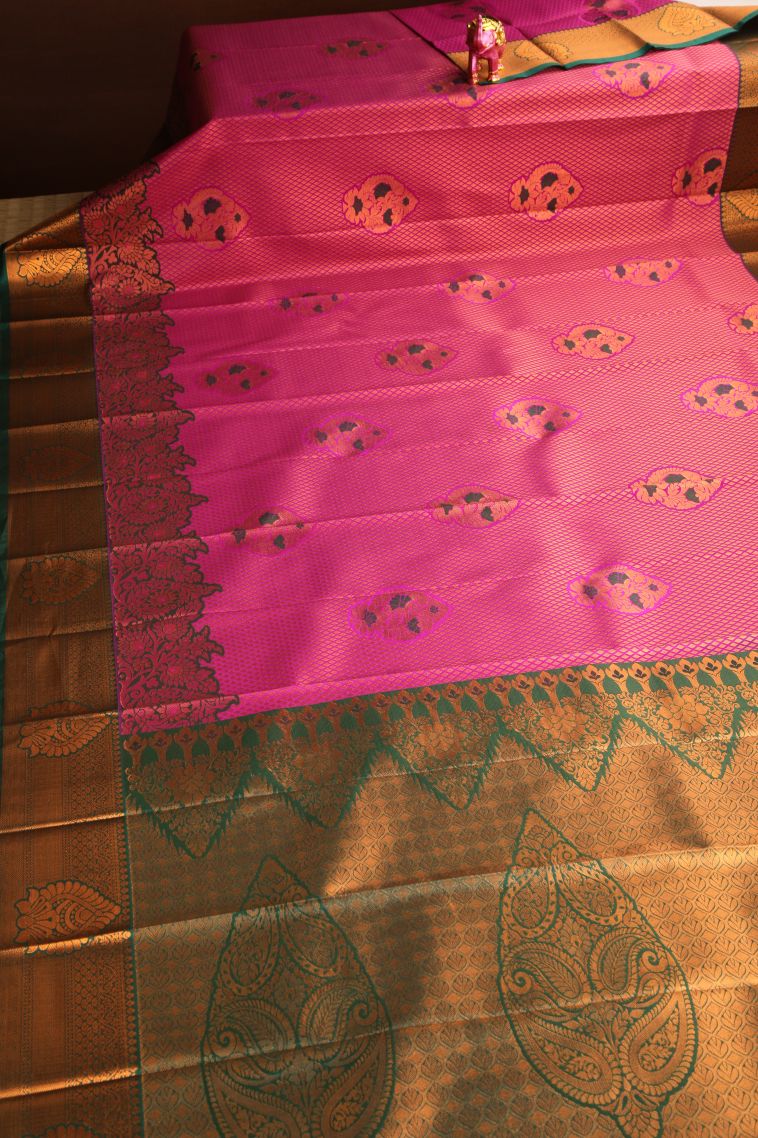 Hot Pink Visiri Madippu Silk Sarees with Copper Zari Leaf Pattern view 2