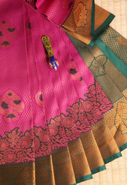 Hot Pink Visiri Madippu Silk Sarees with Copper Zari Leaf Pattern