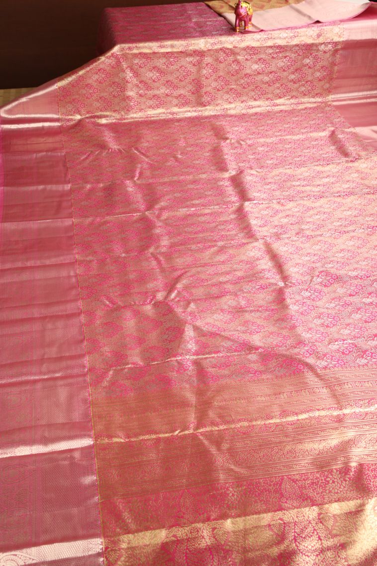 Rouge Pink Apoorva Silk Sarees with Gold And Silver Zari Floral Patterns view 2