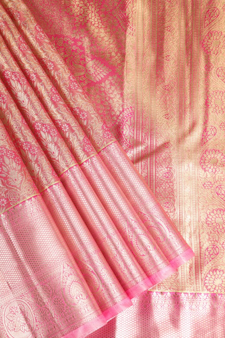 Rouge Pink Apoorva Silk Sarees with Gold And Silver Zari Floral Patterns view 1