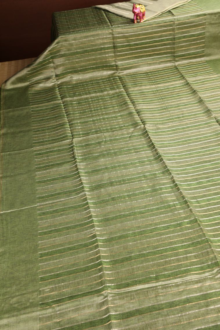Olive Green Semi Tussar Silk Gold And Silver Zari with Zari Stripes view 2