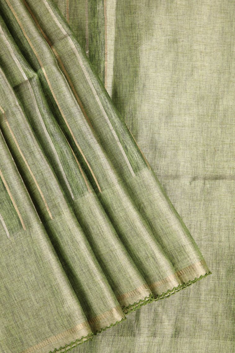 Olive Green Semi Tussar Silk Gold And Silver Zari with Zari Stripes