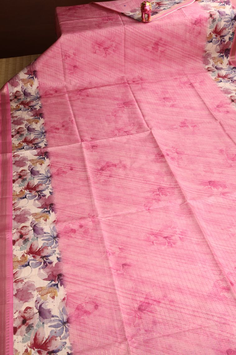 Rose Pink Semi Tussar Silk Gold Zari with Floral Patterns view 2