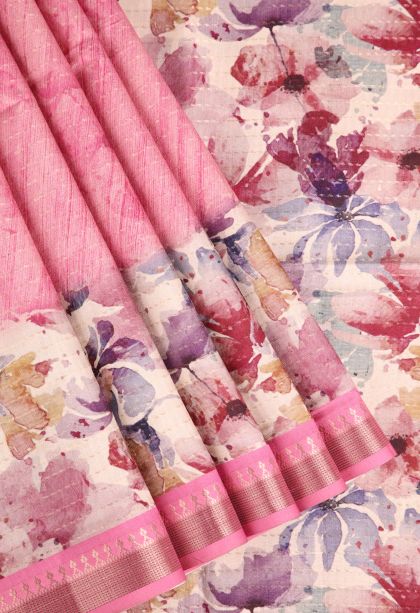 Rose Pink Semi Tussar Silk Gold Zari with Floral Patterns