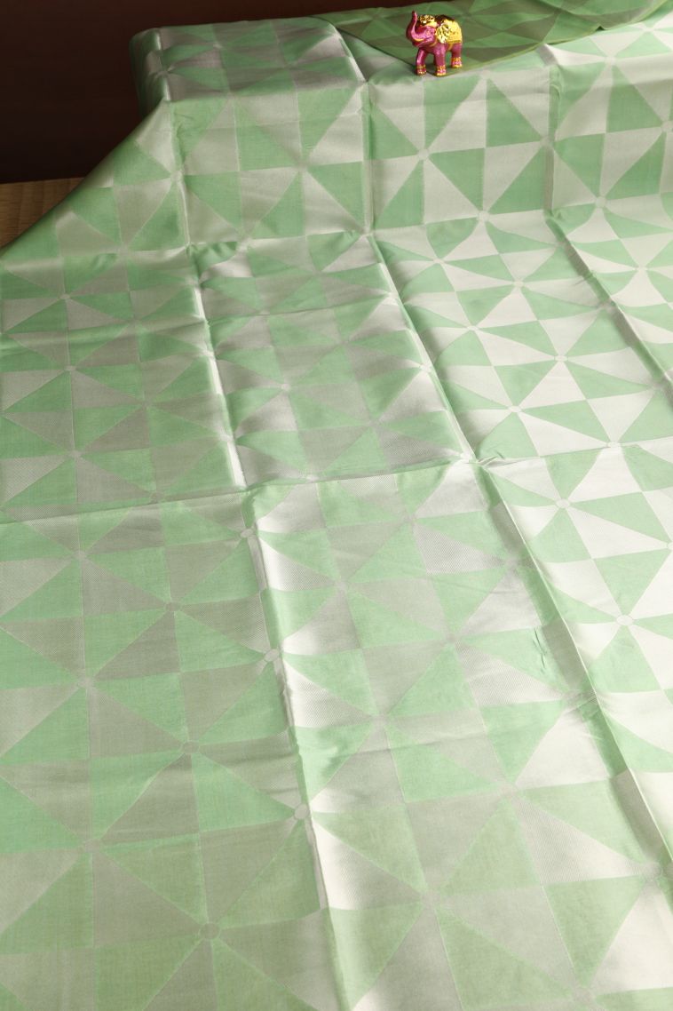 Pista Green Semi Tussar Silk with Silver Zari Geometric Shapes view 2