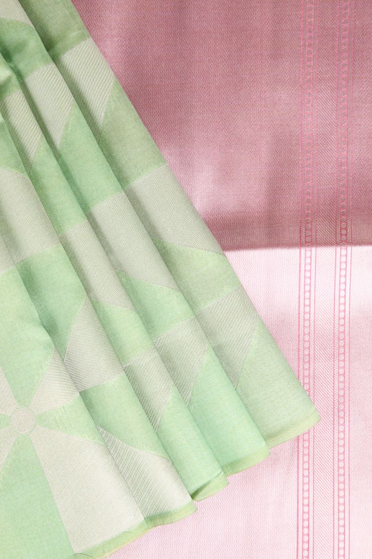 Pista Green Semi Tussar Silk with Silver Zari Geometric Shapes view 1