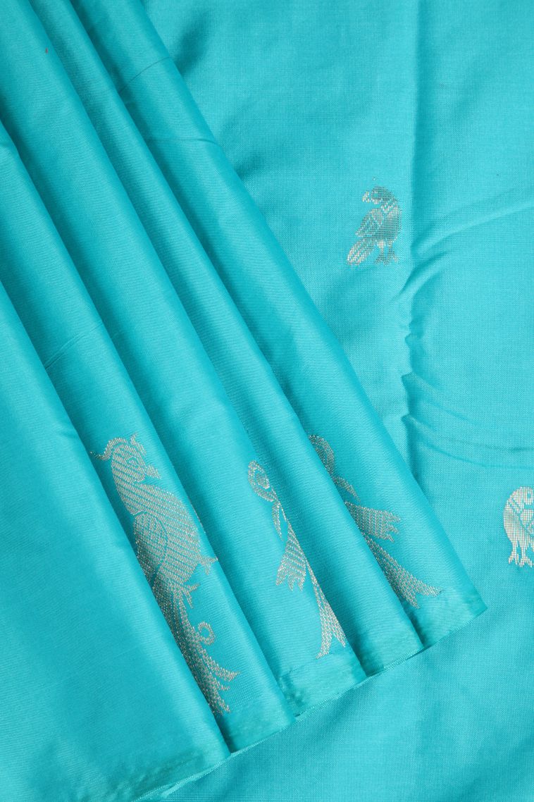 Sky Blue Arani Silk Sarees Silver Zari with Birds Mottif view 1