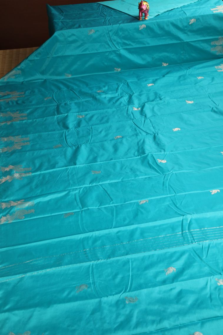 Sky Blue Arani Silk Sarees Silver Zari with Birds Mottif view 2