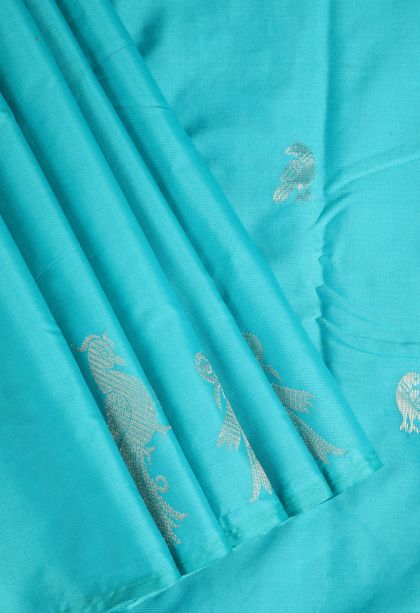 Sky Blue Arani Silk Sarees Silver Zari with Birds Mottif