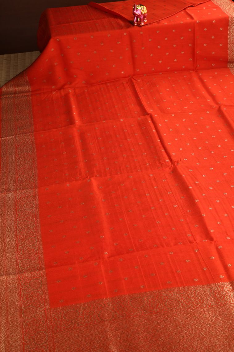 Rose Red Banaras Sarees Antic Zari with Floral Puttas view 2