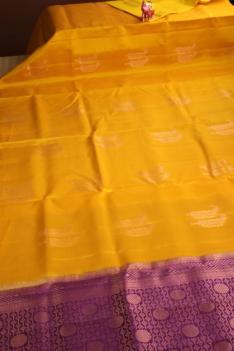 Briht Yellow Soft Silk Saree with Copper Zari Manga view 2
