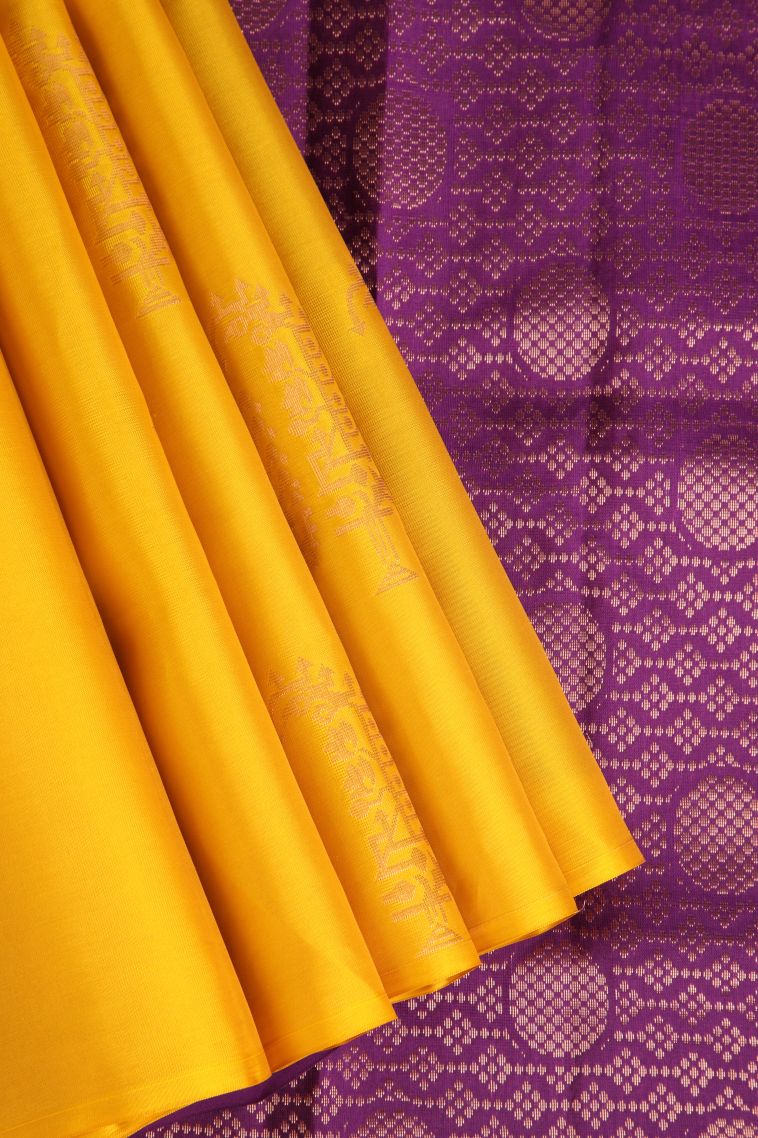 Briht Yellow Soft Silk Saree with Copper Zari Manga view 1